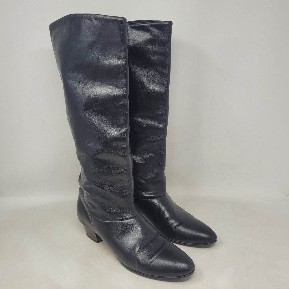 Vintage Black Leather Boots 7.5N Tall Knee High Minimalist Equestrian Riding 90s